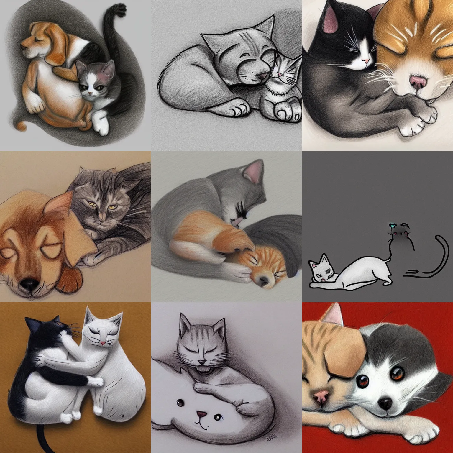 Prompt: cat and dog sleeping together, cute drawing, trending on Artstation