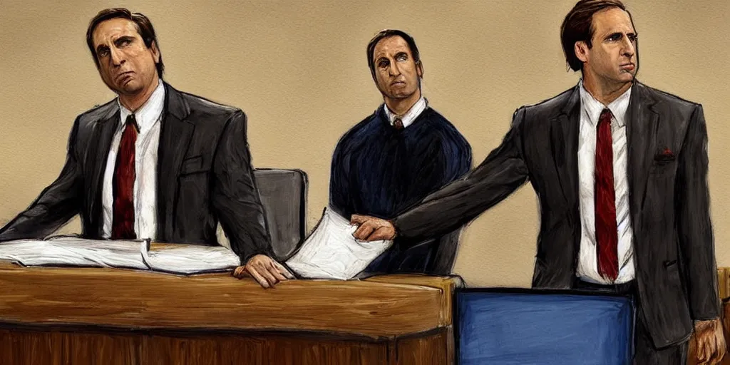 Image similar to saul goodman defending michael scott in acourt, courtroom painting