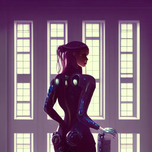 Image similar to portrait of cyberpunk woman looking out of a window, cyberpunk setting, futuristic, highly detailed, intricate lighting, digital painting, sharp focus, illustration, trending on artstation, art by charlie bowater.