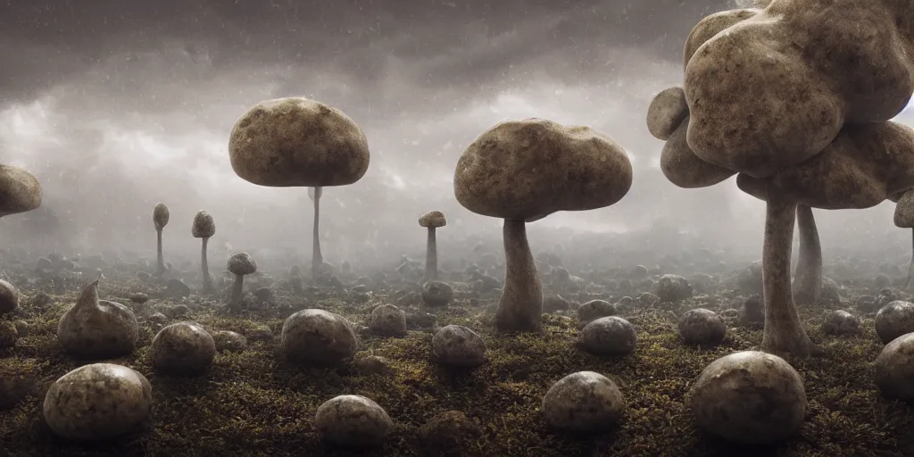 Prompt: Photorealistic crowd of fungus people made from fungus. Magically floating rocks, with ominous storm clouds, strange levitating stones, stones falling from the sky, a gentle rising mist. occult photorealism, UHD, amazing depth, glowing, golden ratio, 3D octane cycle unreal engine 5, volumetric lighting, cinematic lighting, cgstation artstation concept art