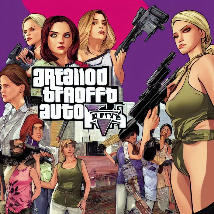 Image similar to female protagonists in gta, cover art by stephen bliss, boxart