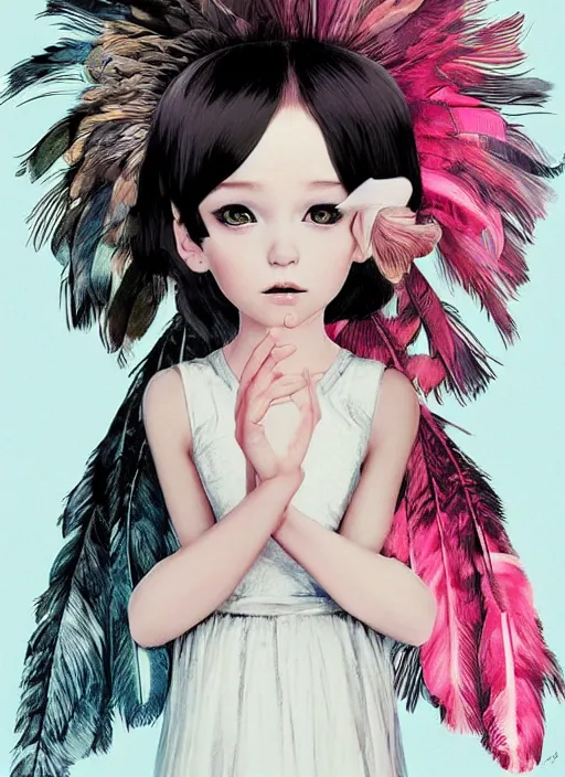 Image similar to little girl with an eccentric haircut wearing an dress made of feathers, artwork made by ilya kuvshinov, full character