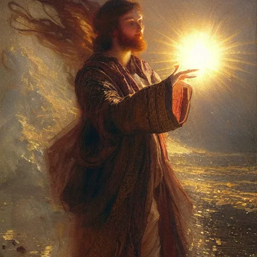 Prompt: a handsome slender young man with wavy brown hair summons a ball of light into his hand. dramatic. cinematic. holy. saintly. demigod. lord of light. gaston bussiere. geoffroy thoorens