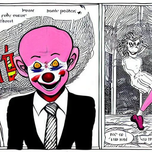 Image similar to Elon Must in a clown outfit drawn by Junji Ito