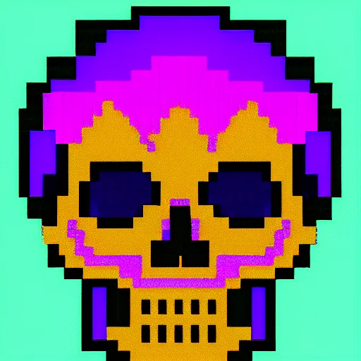 Prompt: pixel art of an iridescent skull with a purple diamond