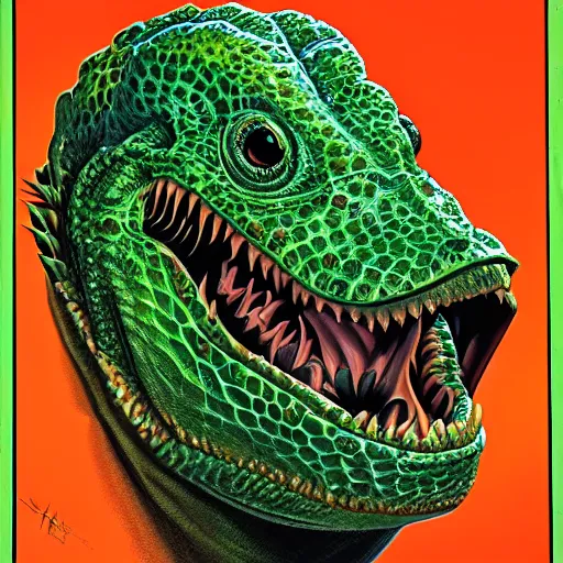 Prompt: portrait of half lizard half human, face split down middle like harvey dent, artwork by greg hildebrandt. 1 9 8 0 s horror movie poster