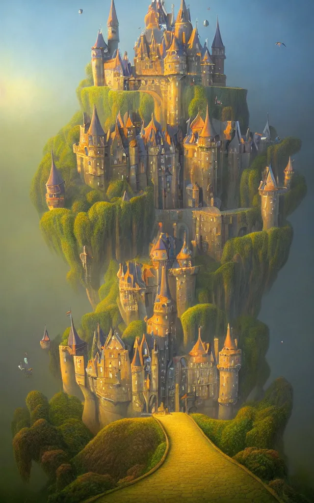 Image similar to close view of a castle an oil on canvas portrait painting of world castle happy place, volumetric light godray, surrealism, surrealist, impossible geometry, rob gonsalves, high detail fantastic gediminas pranckevicius