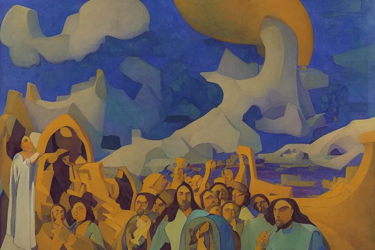 Image similar to the wake of the unseen object,by Nicholas Roerich and William Dyce and Diego Rivera, symbolist, dramatic lighting, elaborate geometric ornament, cool blue and green colors, Art Brut, smooth, sharp focus, extremely detailed