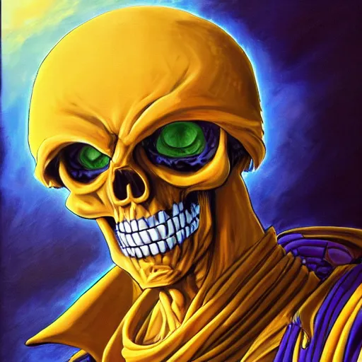 Image similar to portrait painting of skeletor, art by eiichiro oda, 4 k, one piece artstyle, cel shaded, highly detailed, epic lighting