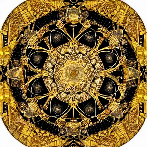 Prompt: a beautiful mandala made of ivory and gold, highly intricate, digital art, very detailed, in the style of a weird and dark eerie liminal art nouveau flemish painting, 8k,