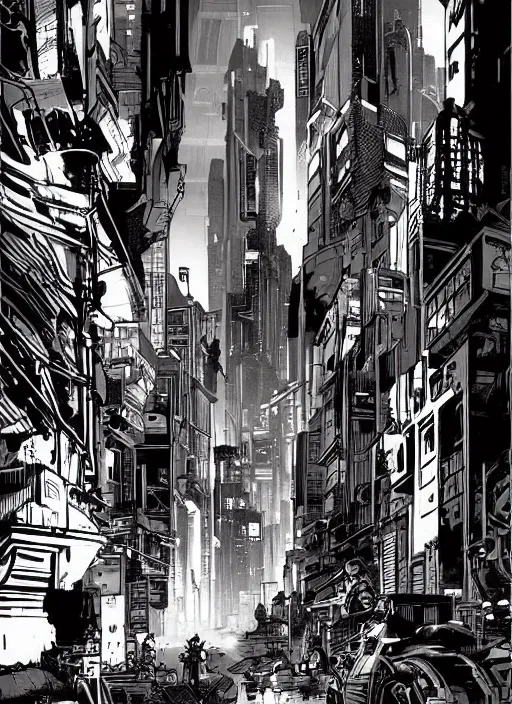 Prompt: cyberpunk city street, mike mignola style, comics, beautiful composition, wide angle, cinematic, volumetric lighting, intricate details