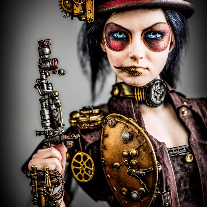 Image similar to photograph of a beautiful steampunk warrior. extremely detailed. dslr. 5 0 mm.