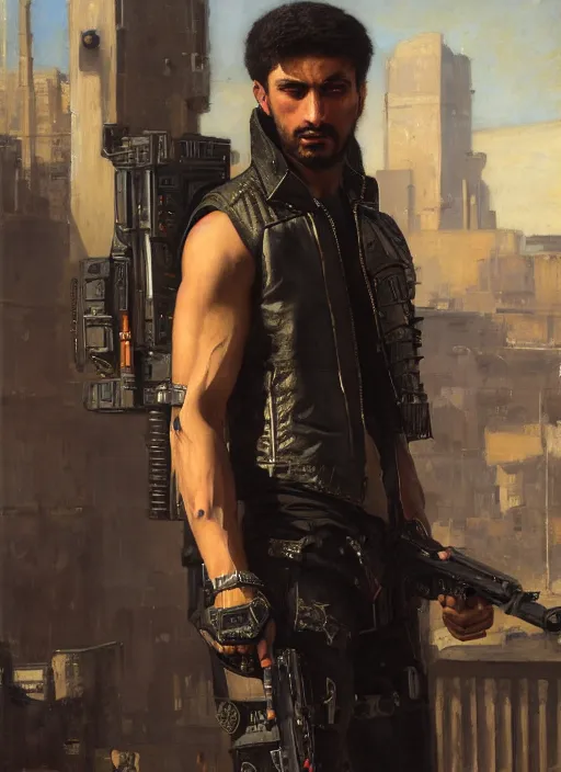 Prompt: Ezra. buff cyberpunk assassin wearing a military vest and military gear (cyberpunk 2077). handsome face. Iranian orientalist portrait by john william waterhouse and Edwin Longsden Long and Theodore Ralli and Nasreddine Dinet, oil on canvas. Cinematic, hyper realism, realistic proportions, dramatic lighting, high detail 4k