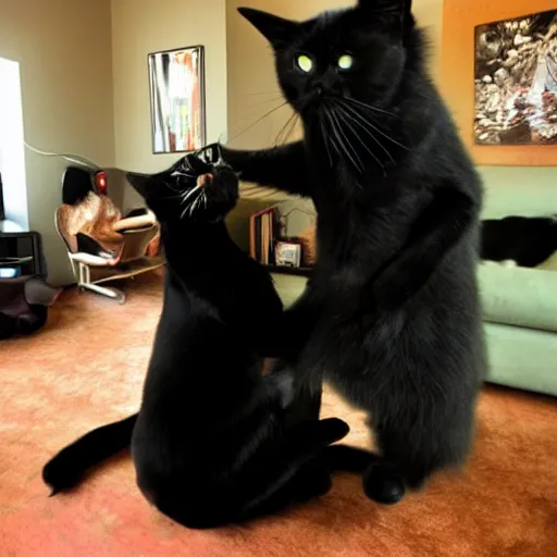 Prompt: A realistic photo of a mischeivous black cat biting his two sharp fangs into a mans slightly hairy middle aged arm in the living room funny picture.