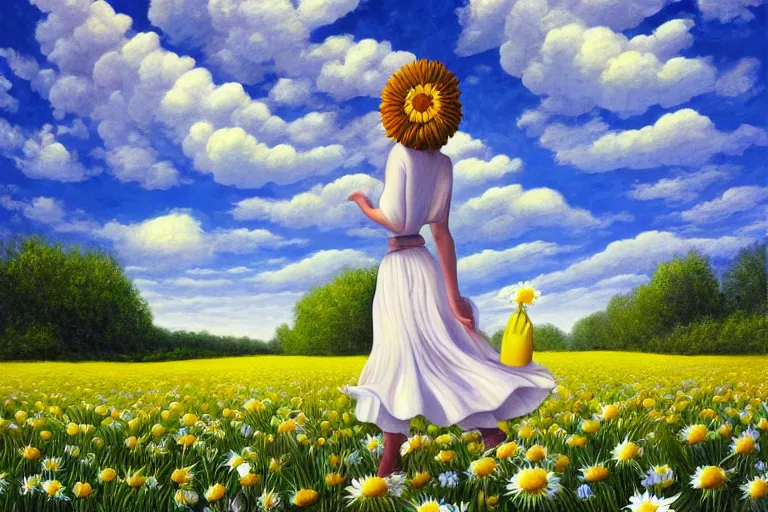 Prompt: giant daisy flower head, woman walking, surreal, clouds in sky, impressionist painting, digital painting, artstation, rob gonsalves