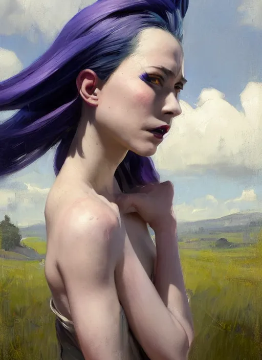 Image similar to portrait of Jinx from League of Legends after work, countryside, calm, fantasy character portrait, dynamic pose, above view, sunny day, thunder clouds in the sky, artwork by Jeremy Lipkin and Giuseppe Dangelico Pino and Michael Garmash and Rob Rey, very coherent asymmetrical artwork, sharp edges, perfect face, simple form, 100mm