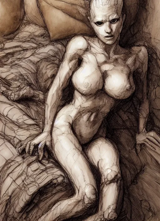 Image similar to portrait, A wood nymph laying on a bed next to groot, watercolor, dramatic lighting, cinematic, establishing shot, extremely high detail, foto realistic, cinematic lighting, pen and ink, intricate line drawings, by Yoshitaka Amano, Ruan Jia, Kentaro Miura, Artgerm, post processed, concept art, artstation, matte painting, style by eddie mendoza, raphael lacoste, alex ross