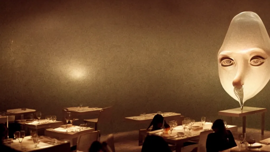 Prompt: the giant floating nose in the restaurant, made of water, film still from the movie directed by Denis Villeneuve with art direction by Salvador Dalí, wide lens