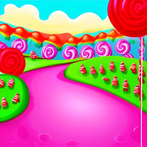 Image similar to candy landscape, mobile game background, match 3, pink hills, candy canes, chocolate, vector art, very detailed, artstation