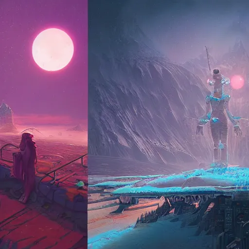 Image similar to a fantastic hyperdetailed 3 d matte painting of a female - cybernetic sorceress under the arctic moonlight, by moebius by beeple by vanessa lemen by paul lehr by dan mumford