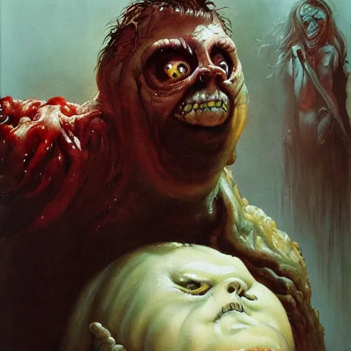 Image similar to big eyes wide open, horrific sentient meatloaf, holding meatloaf, sloppy, gross, meatloaf, hyper realistic, terrifying, disturbing, strange, bizarre, masterpiece, 4 k, vivid colors, elegant, highly detailed, john park, frazetta, john howe, ruan jia, jeffrey catherine jones