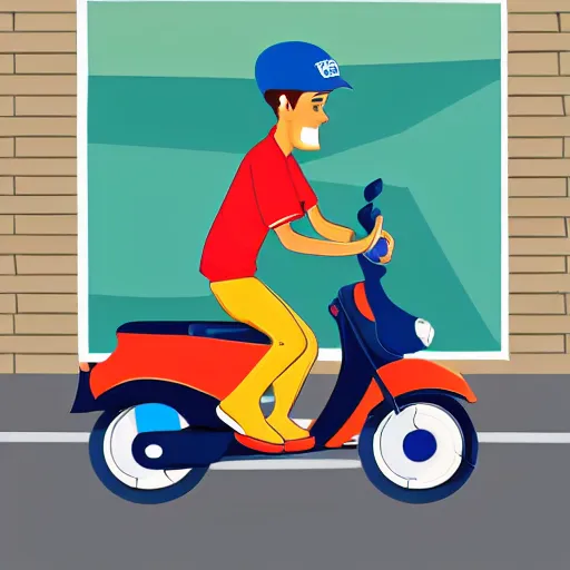 Image similar to drawn cartoon of a delivery driver on moped delivering packages on a long windy city street, bright color, bubbly, digital cartoon syle image, no blur, white background