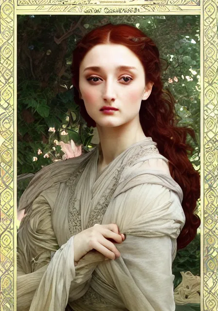 Image similar to sansa, intricate, elegant, highly detailed, digital painting, artstation, concept art, smooth, sharp focus, illustration, art by artgerm and greg rutkowski and alphonse mucha and william - adolphe bouguereau, monet, pre - raphaelite