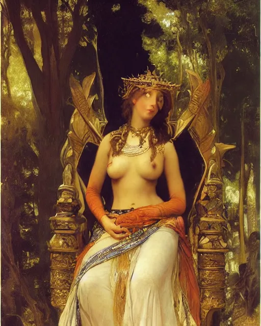 Image similar to an illustration of a queen on a throne at night by frederick arthur bridgman, by georgia o keeffe, by gustave moreau, by bouguereau, realistic, detailed, oil painting, 1 9 th