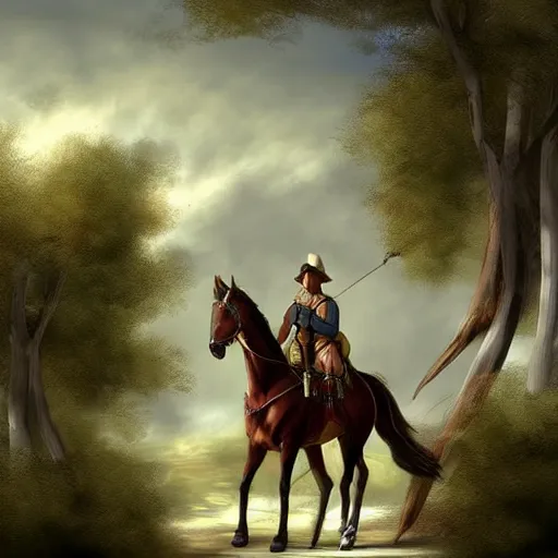 Image similar to plano general de un caballero montado a caballo, colina de fondo con castillo medieval. digital art, art station, realista,