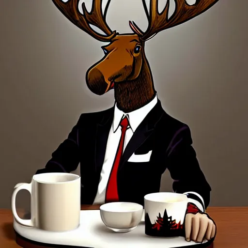 Prompt: a moose in a suit and tie sipping coffee from a mug by miyazaki, anime