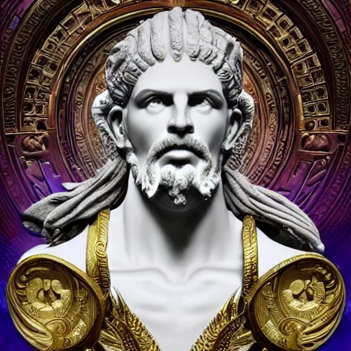 Image similar to portrait of zeus king of olympus made with porcelain by Jeff Easley and Peter Elson + beautiful eyes, beautiful face + symmetry face + border and embellishments inspiried by alphonse mucha, fractals in the background, galaxy + baroque, gothic, surreal + highly detailed, intricate complexity, epic composition, magical atmosphere + masterpiece, award winning + trending on artstation