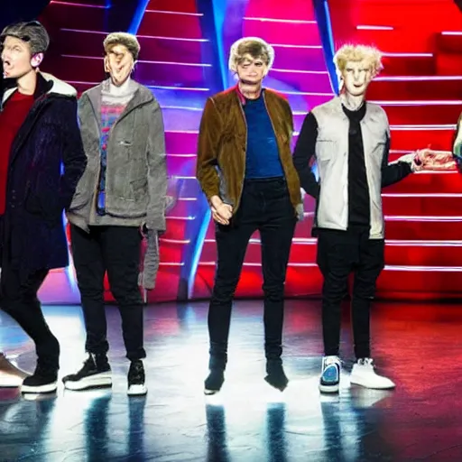 Image similar to doctor who characters in a boy band on stage