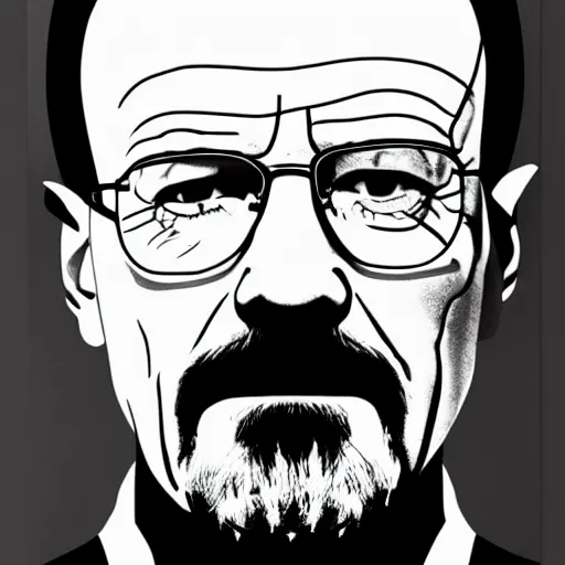 Image similar to a portrait of Walter White, made by Andy Warhol, two tone, very high contrast, only black and white, simplistic, extremely high contrast, two tone, notan art, by Andy Warhol, minimalistic,