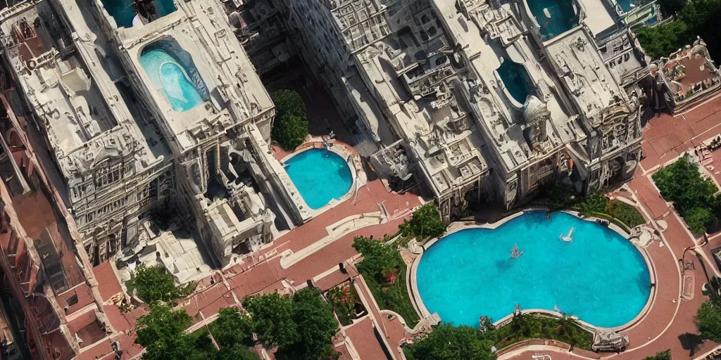 Image similar to a very high resolution image from a new movie, upside - down building and fountain, beautiful scenery, photorealistic, photography, directed by wes anderson