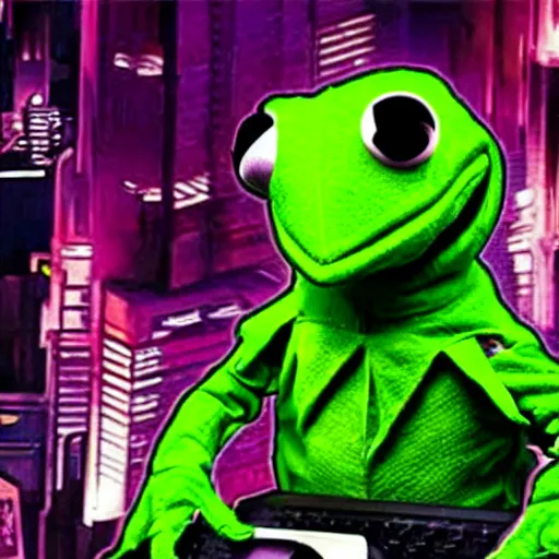 Prompt: cyberpunk kermit the frog marvel comics