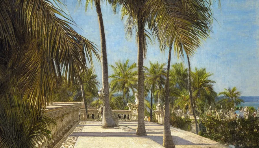 Image similar to a ultradetailed beautiful painting of the amazonas palace balustrade designed by jules bastien - lepage, hans belmer, frank weston and gustave baumann, beach, trending on artstation, mediterranean, palm trees, refracted color sparkles, sharp focus, soft light, 8 k 4 k