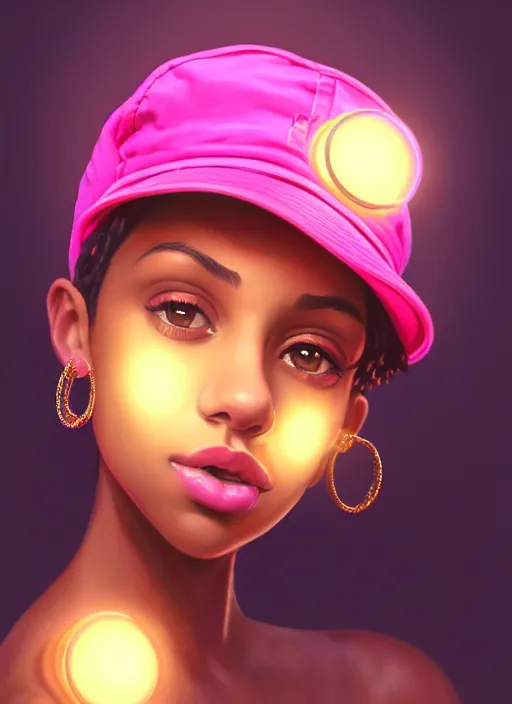 Image similar to portrait of teenage vanessa morgan with bright pink hair, black girl, vanessa morgan, curly pixie cut hair, wearing newsboy cap, newsboy cap, hoop earrings, intricate, elegant, glowing lights, highly detailed, digital painting, artstation, concept art, smooth, sharp focus, illustration, art by wlop, mars ravelo and greg rutkowski