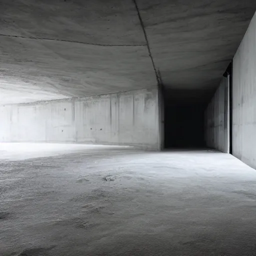 Image similar to underground concrete room, flooded, minimalist architecture, surreal, liminal space, angled walls, high ceiling,