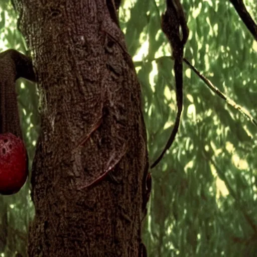 Image similar to cinematic still of demonic snake in a tree of mysterious looking fruit, horror film directed by wes craven