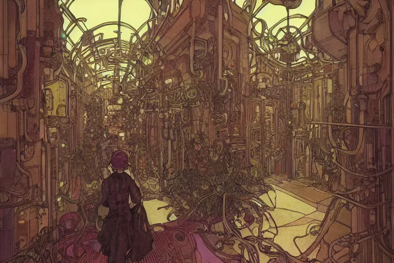 Image similar to front view on steampunk hallway, kid and mad scientist walking, giant video screens, sci - fi, big interior plants, retrofuturism, concept art by mucha and moebius and victo ngai, architecture by francois schuiten, clean line, diesel punk, artstation