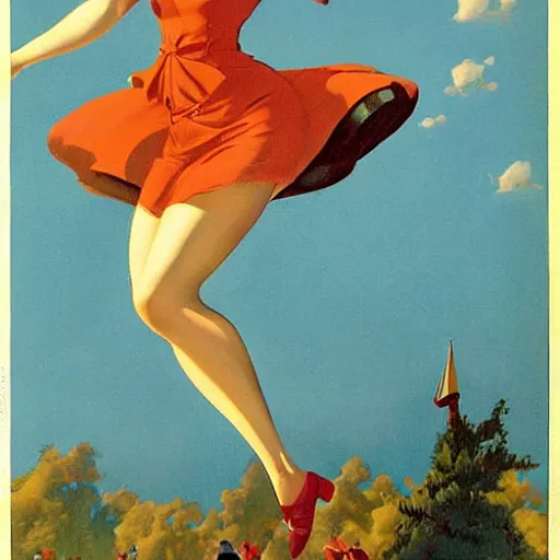 Prompt: a painting of a woman jumping in the air, a storybook illustration by gil elvgren, cgsociety, socialist realism, storybook illustration, american propaganda, soviet propaganda