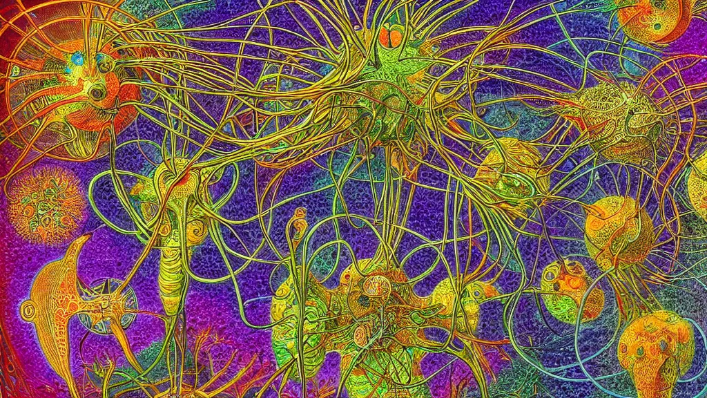 Prompt: quantum connections represented as symbiotic organisms like cells playing around with colorful lights by ernst haeckel, shinny