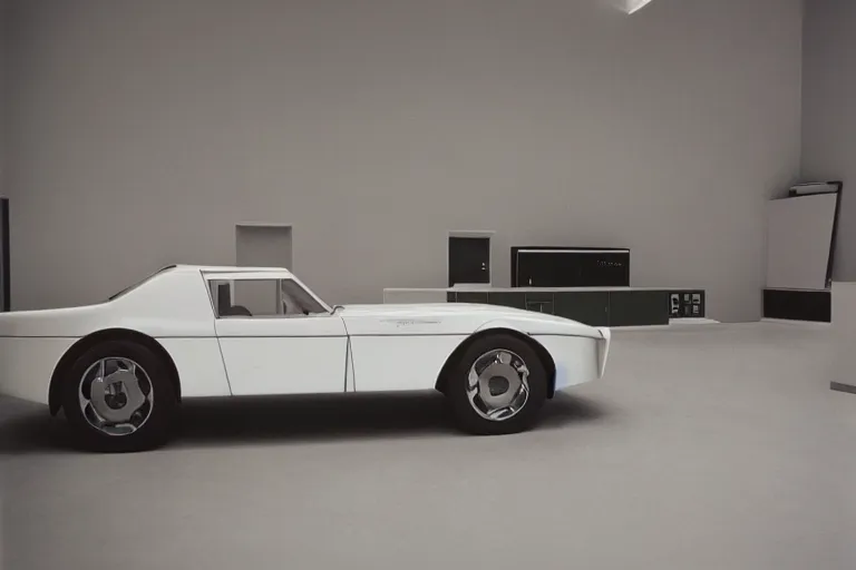 Image similar to designed by Giorgetto Giugiaro stylized poser of a single 1978 Duesenberg Cord, inside of a minimalist Tokyo garage, ektachrome photograph, volumetric lighting, f8 aperture, cinematic Eastman 5384 film