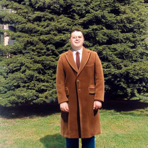 Prompt: Photo of White chubby clean-shaven man wearing a chocolate brown overcoat and necktie is resting under a giant evergreen tree; calm, afternoon, clear sky, windy