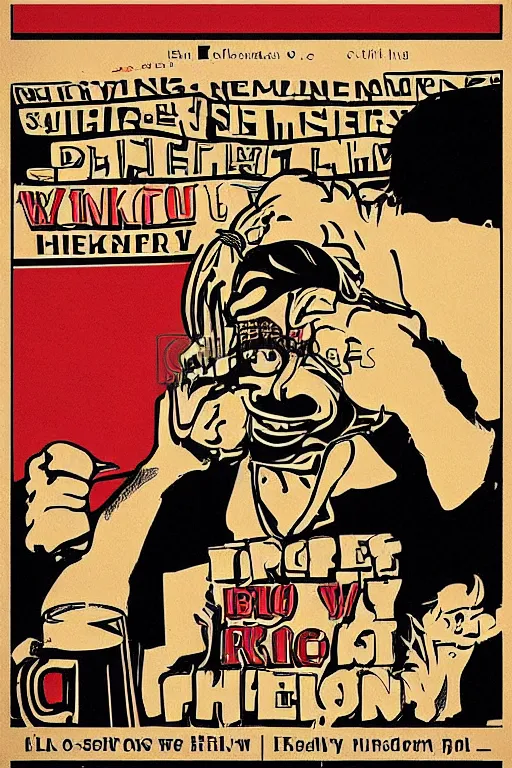 Image similar to worker revolution drinking beer and fried chicken through his head, poster propaganda art style, higly detailed