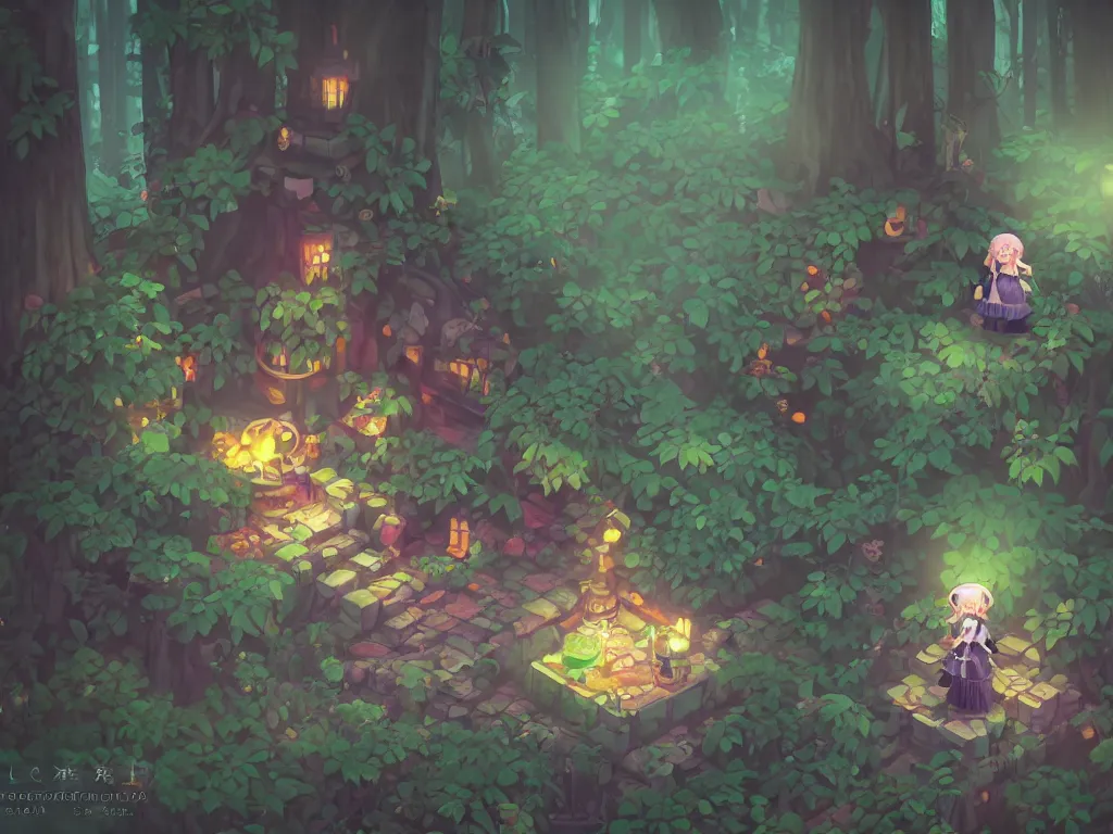Image similar to cute fumo plush gothic witch girl exploring a forbidden cursed magic temple in the woods, magical glow, isometric perspective, orthographic, vignette, vray