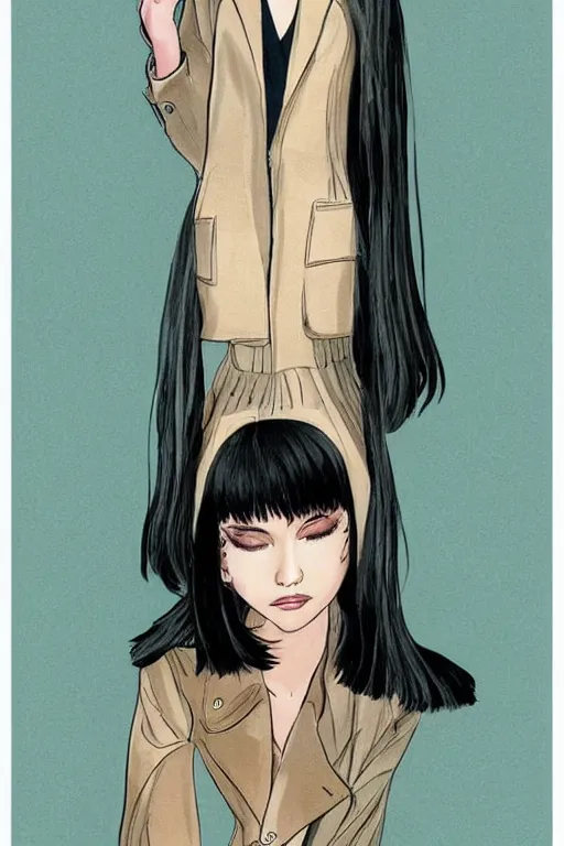 Prompt: A beautiful girl with a very stylish trenchcoat by Moebius , black medium length Dutch bob cut hair with straight bangs, poster