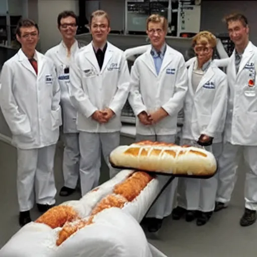Image similar to chemists in white coats are eating a giant roll.