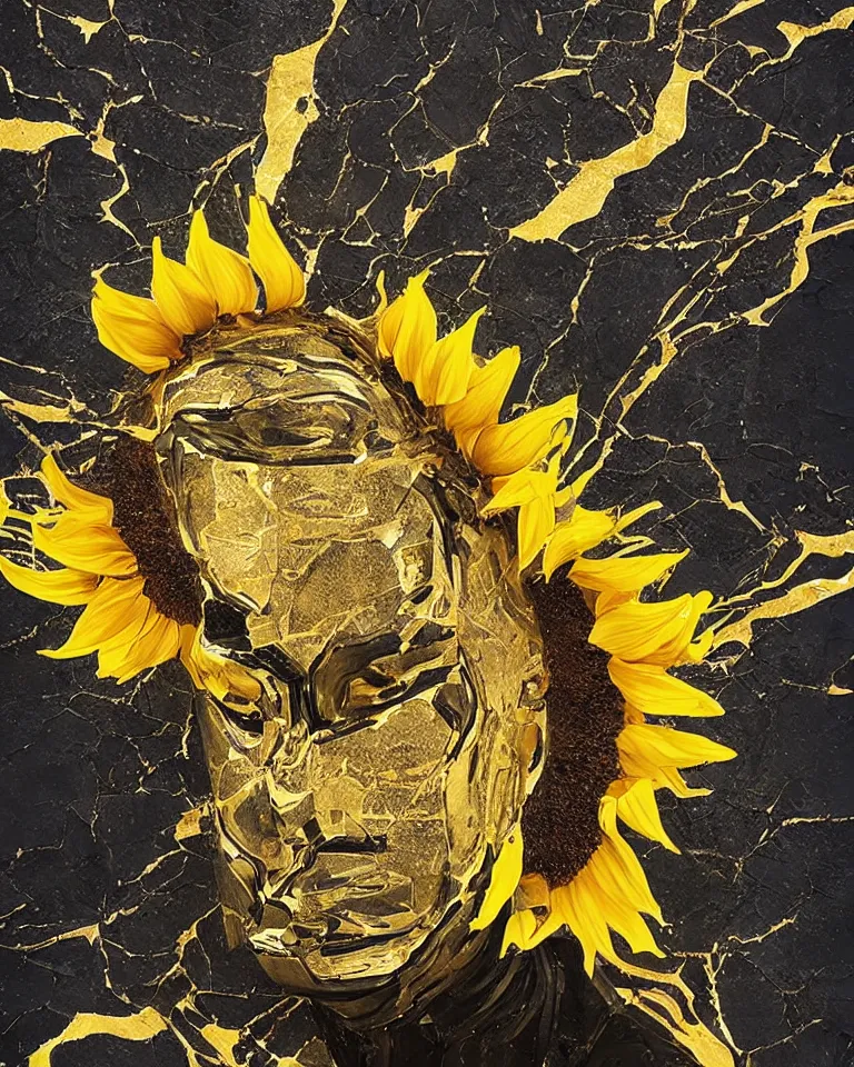 Image similar to symmetrical painting of a fractured obsidian greek statue of a sunflower fixed with kintsugi, rendered in octane trending on cgsociety. extremely detailed and intricate art