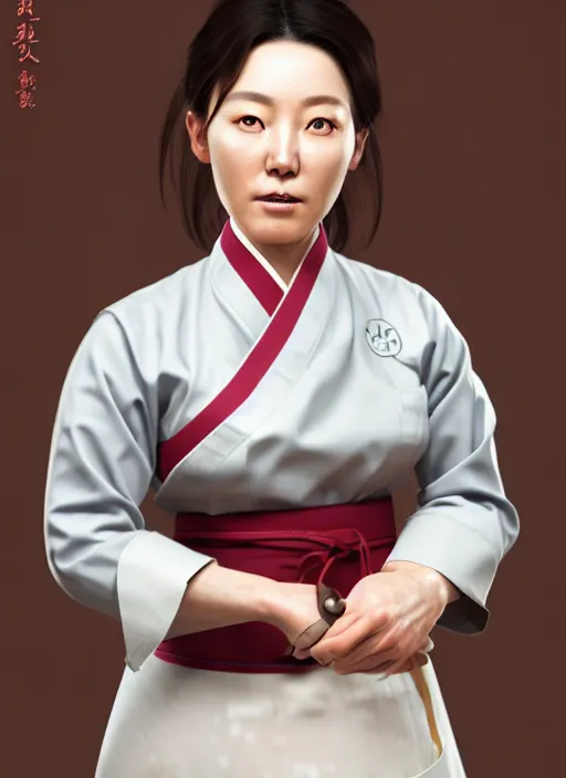 Image similar to character concept of a south korean female chef, wearing a beautiful hanbok inspired apron, holding magical kitchen knives, by kan liu and loish, 4 k render, unreal engine, high resolution, intricate detailed, hyperdetailed, photorealistic, artstation, smooth, sharp focus